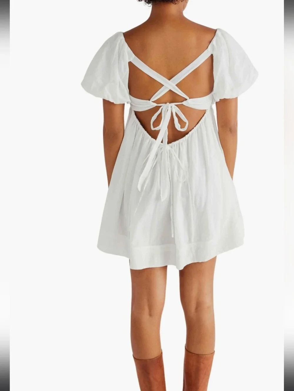 Free People White Puff Sleeve Square Neck Mini Dress